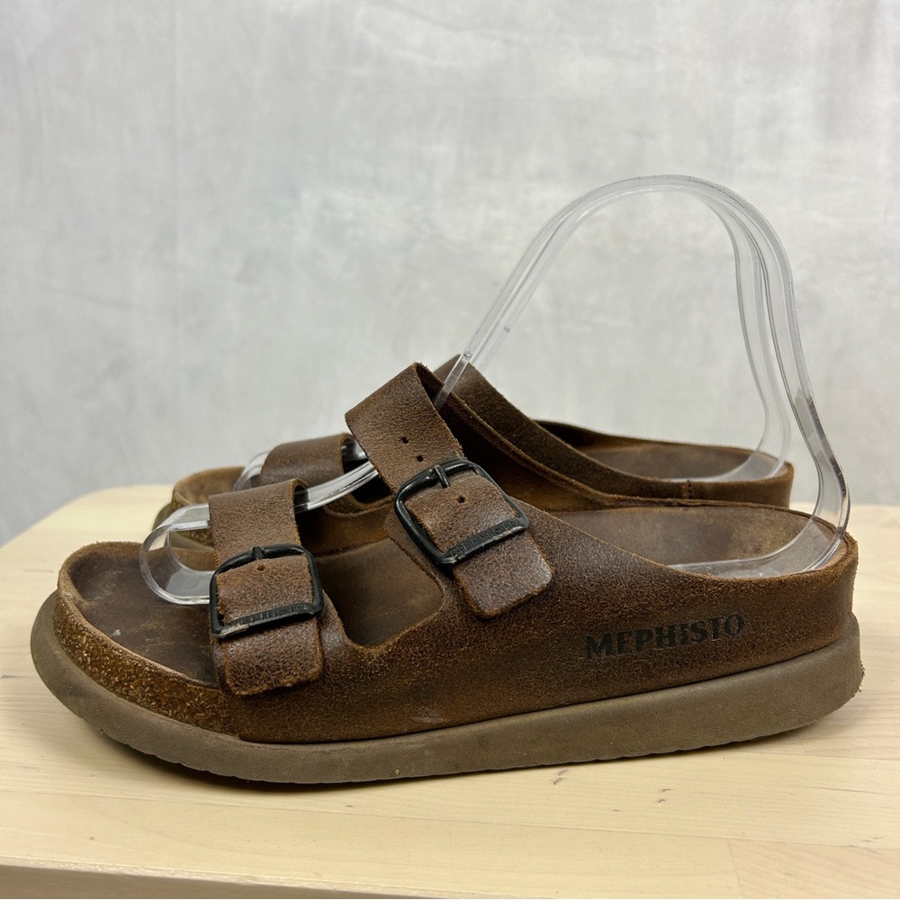MEPHISTO Leather Harmony Slide Sandals Brown Women's 37 Orthotic Support‎